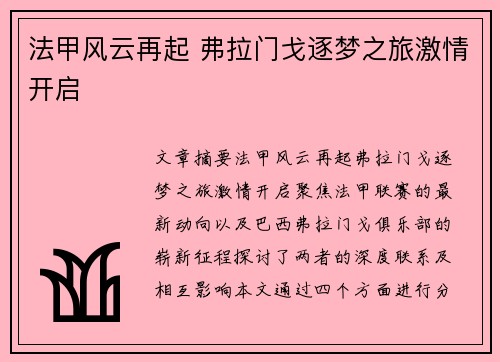 法甲风云再起 弗拉门戈逐梦之旅激情开启